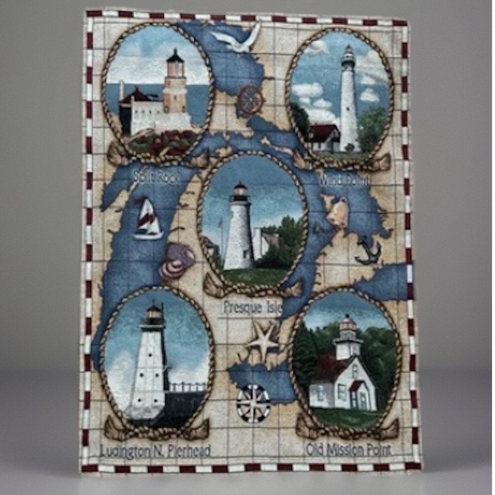Manual Woodworkers Great Lakes Lighthouses Woven Tapestry Wall Hanging 26x36 USA